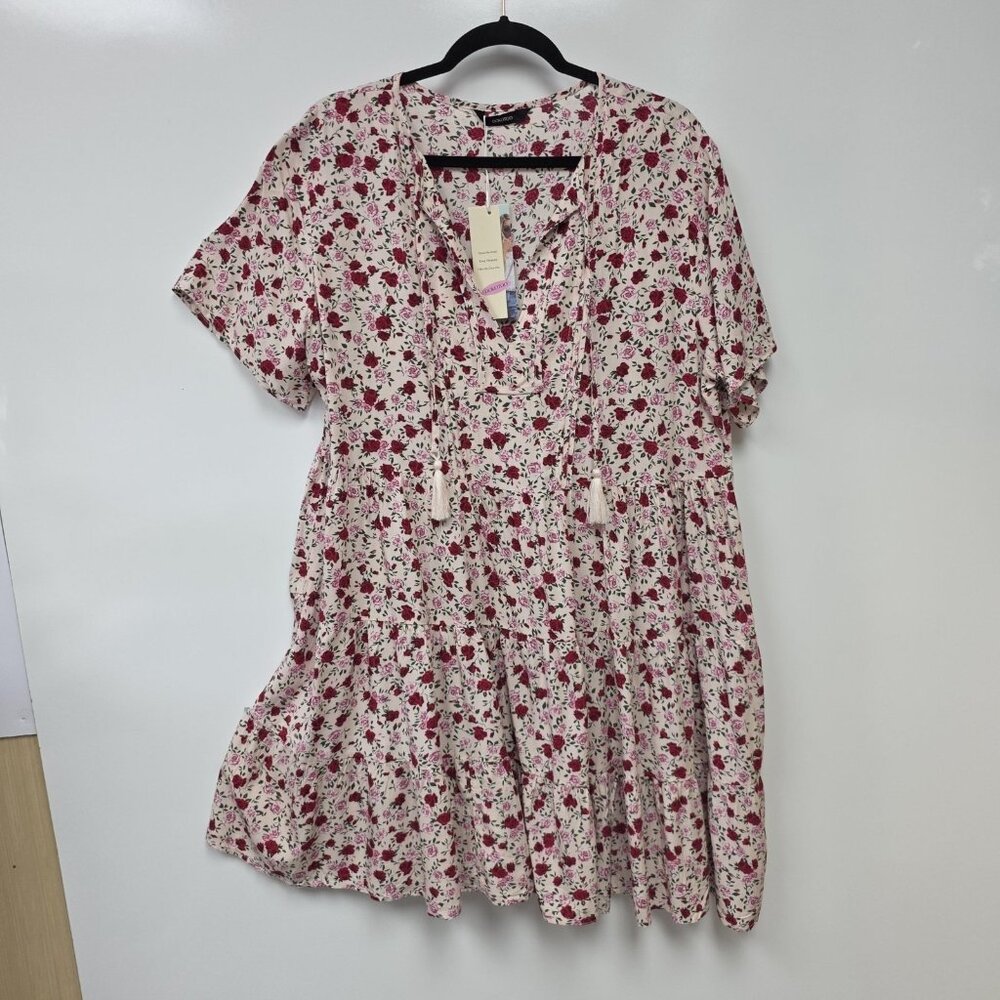 DOKOTOO Dress Womens XL White Floral Short Sleeve Tiered Swing Boho Tassel